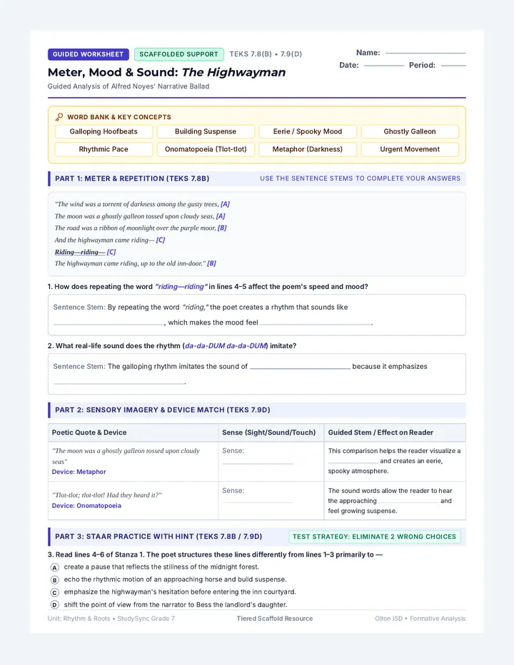 Highwayman Guided Worksheet
