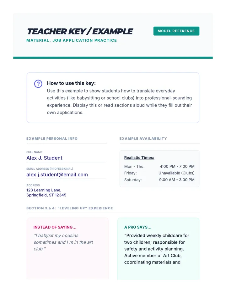 Job Application Example Key