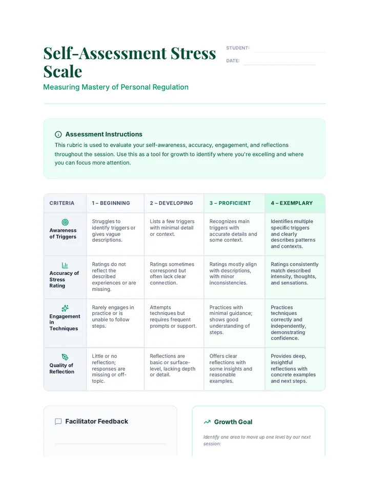 Self Assessment Stress Scale Rubric
