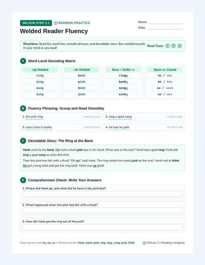 Welded Reader Fluency Worksheet