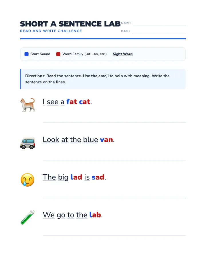 Short a Sentence Lab Worksheet