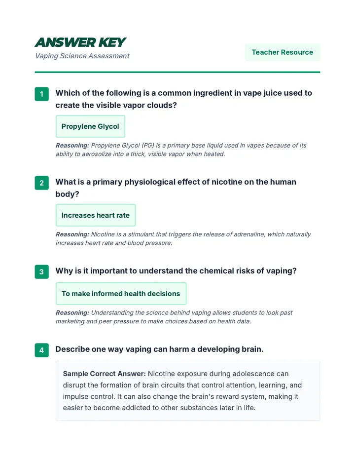 Vaping Science Quiz Key