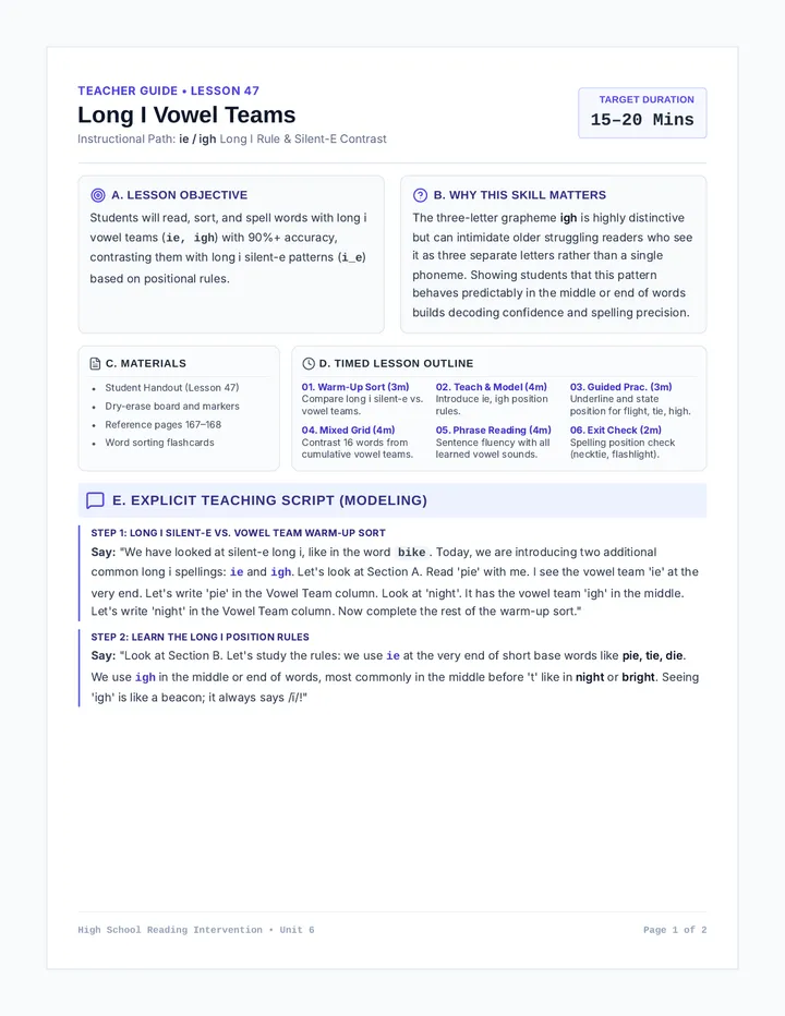 Vowel Team Introduction I Teacher Guide