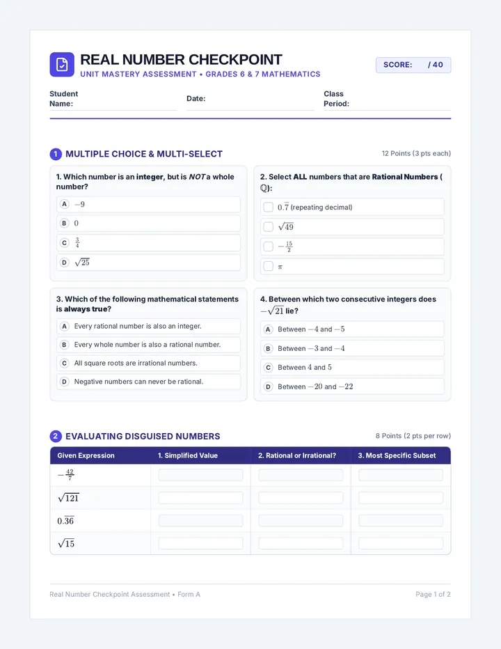 Real Number Checkpoint Assessment