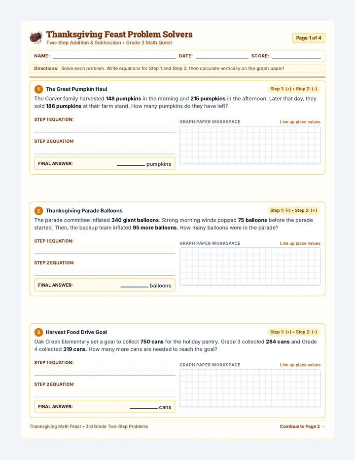 Thanksgiving Feast Problems Worksheet