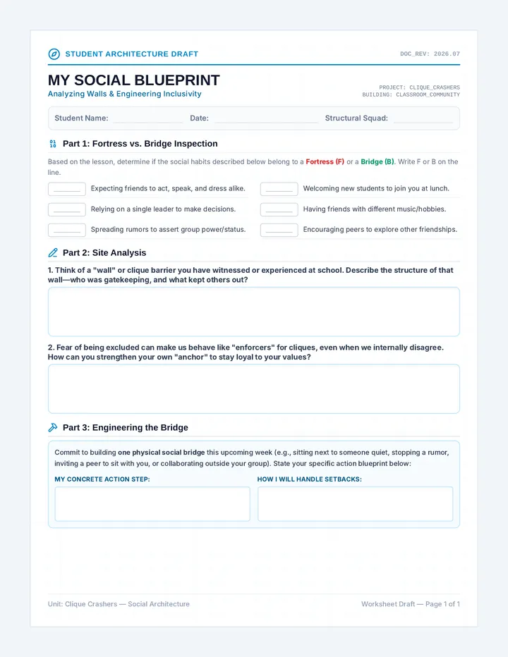 Clique Crashers Reflection Worksheet