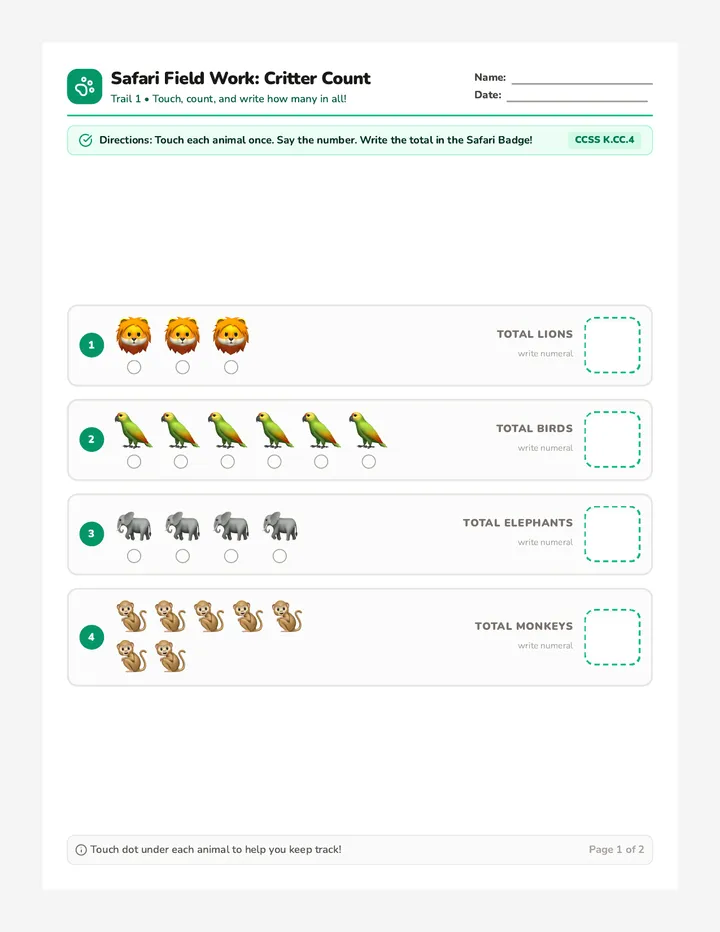 Critter Count Practice Worksheet