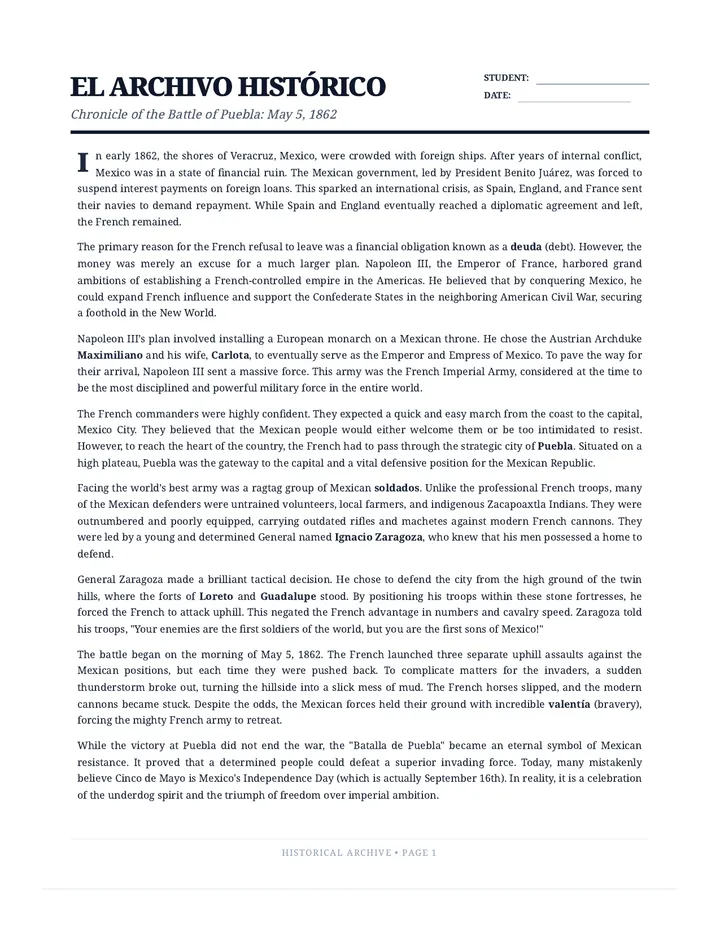 Puebla Chronicle Reading Assignment