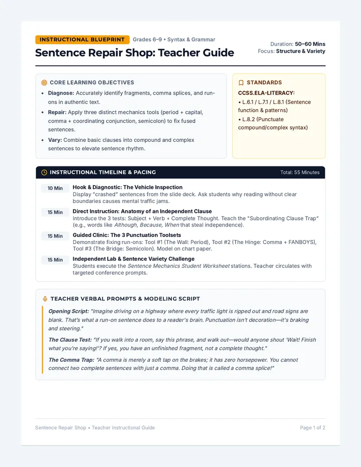 Sentence Repair Teacher Guide