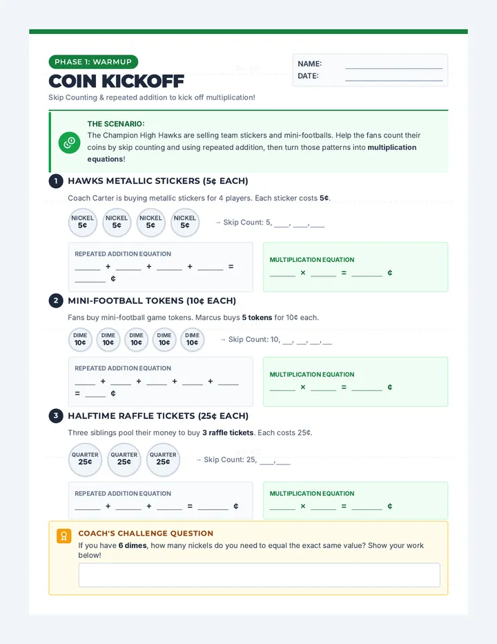 Coin Kickoff Worksheet