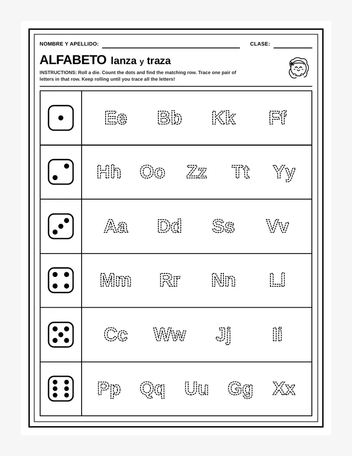 Alphabet Roll and Trace Worksheet
