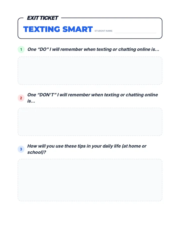 Texting Reflection Exit Ticket Sheet