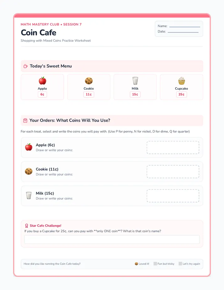 Coin Cafe Worksheet