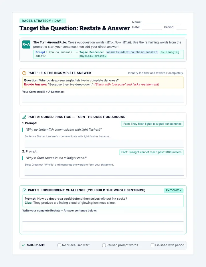 Restate Answer Practice Worksheet