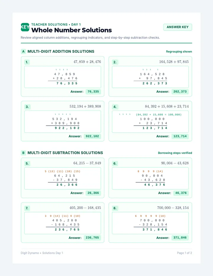 Whole Number Answer Key