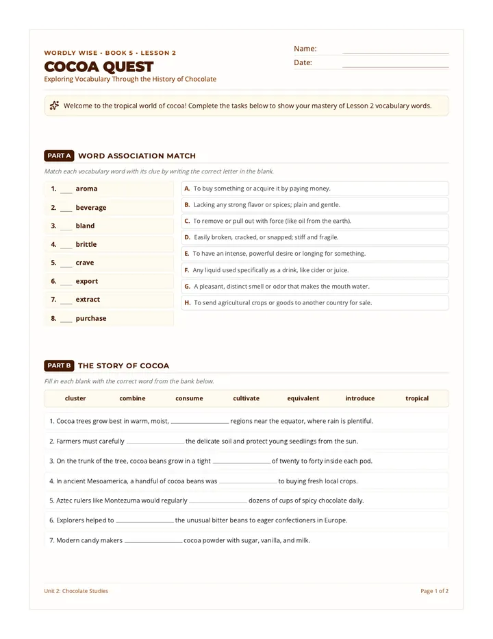 Cocoa Quest Worksheet