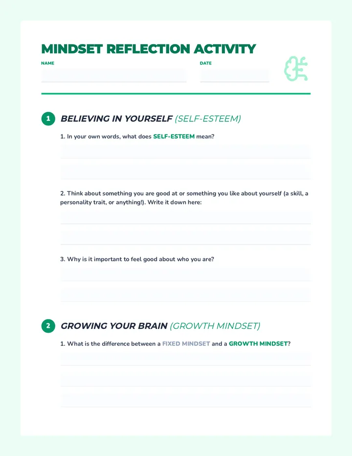 Mindset Reflection Activity Worksheet