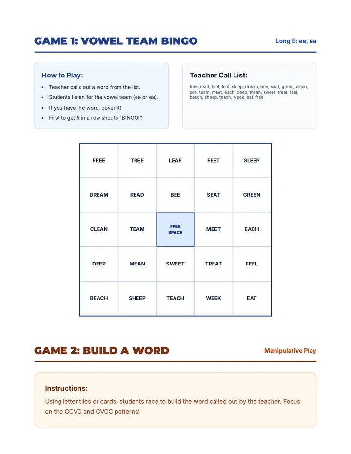 Vowel Team Voyage Word Games Document