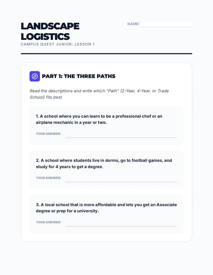 Landscape Logistics Junior Worksheet