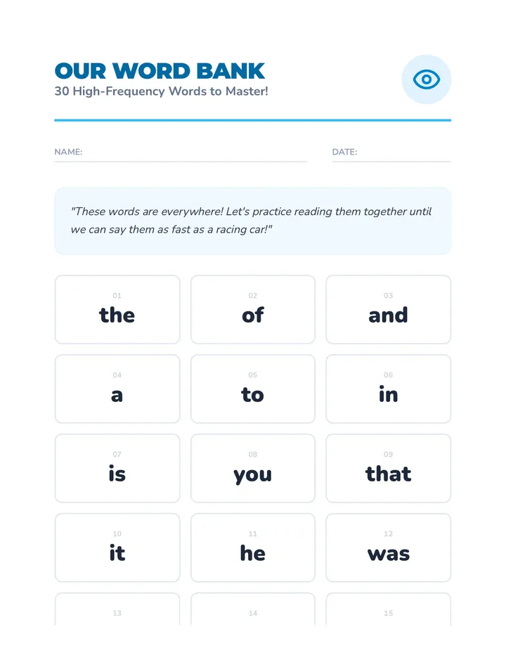 High Frequency Word List Handout