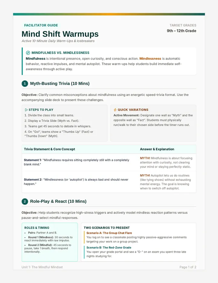 Mind Shift Warmups Teacher Guide