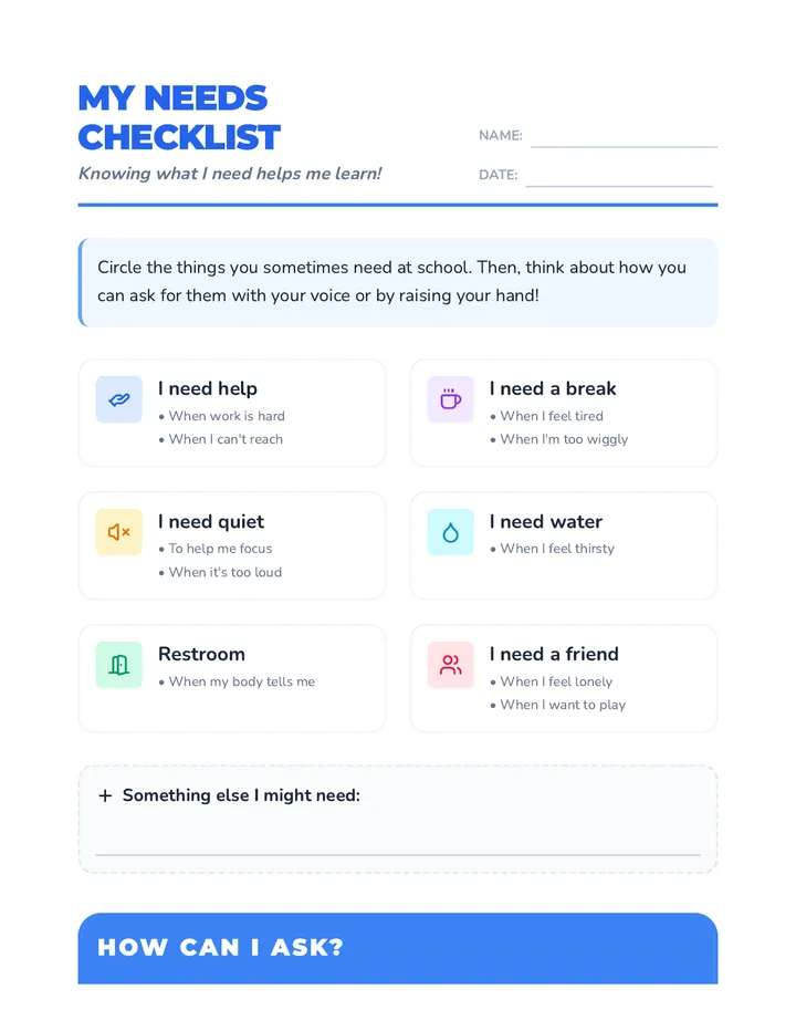 My Needs Checklist Worksheet