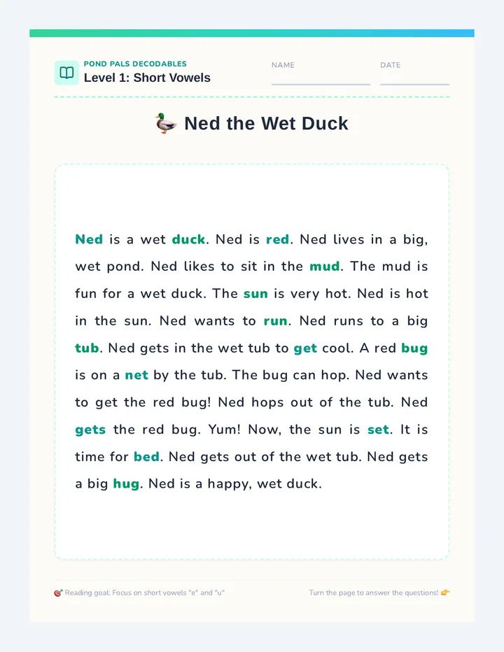 Ned the Wet Duck Reading Packet