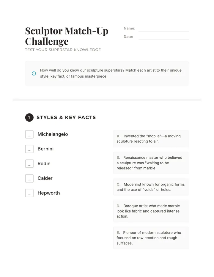 Sculptor Match-Up Challenge Worksheet
