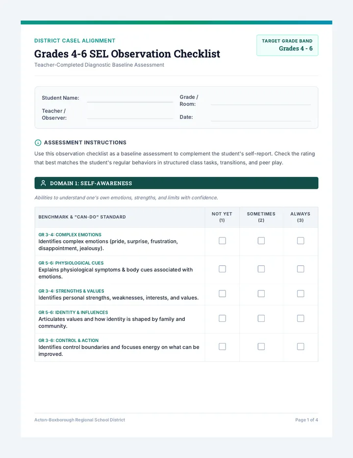 Grades 4-6 SEL Observation Checklist Packet