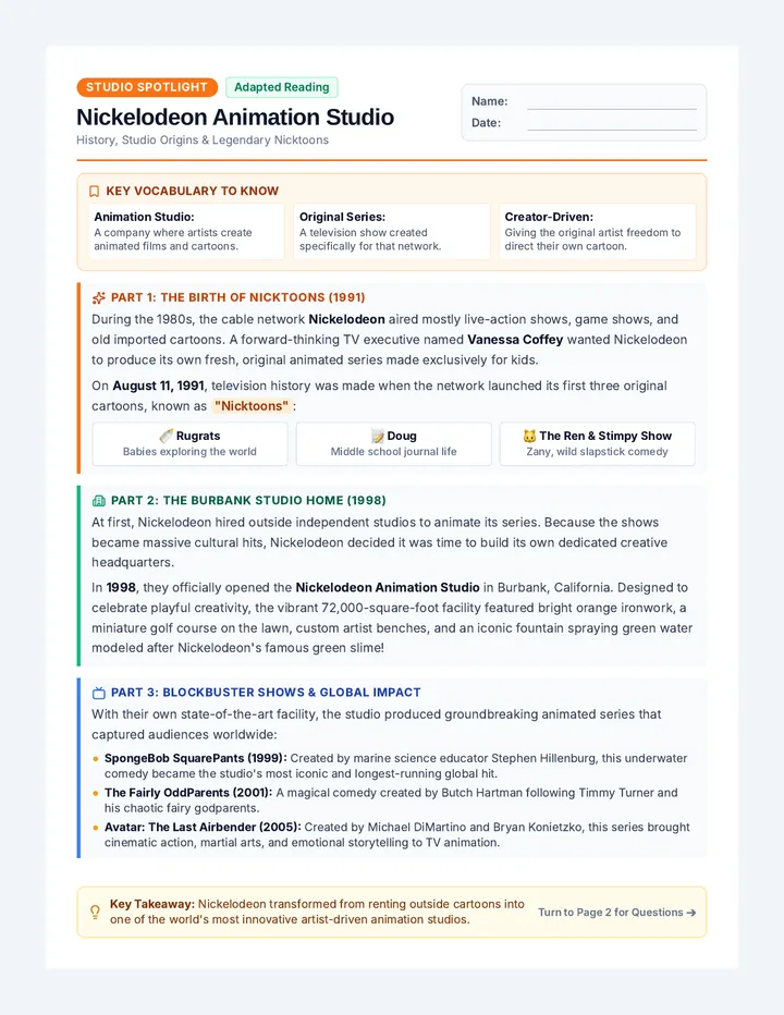Nicktoons History Worksheet