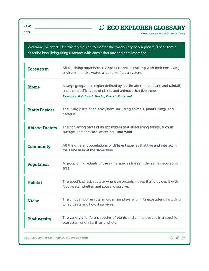 Eco Explorer Glossary Sheet