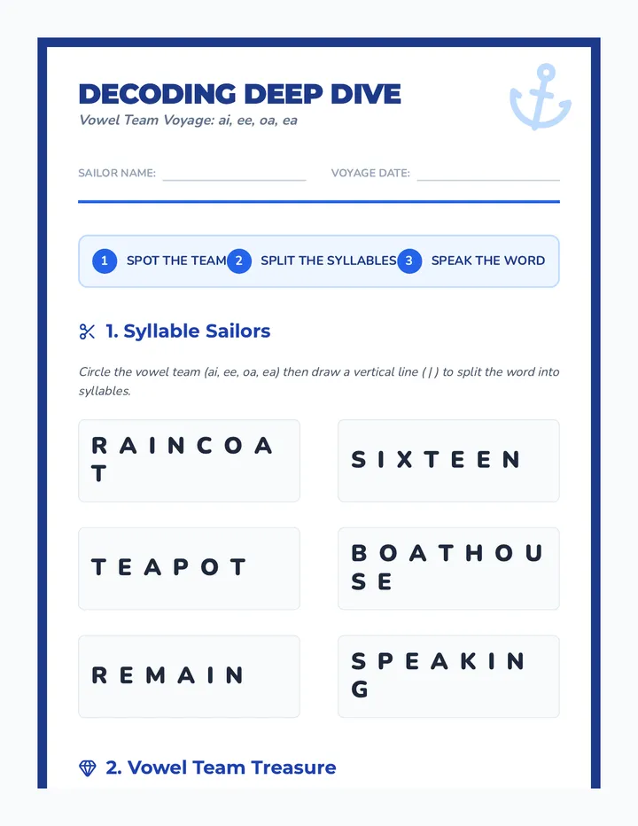 Vowel Team Voyage Worksheet