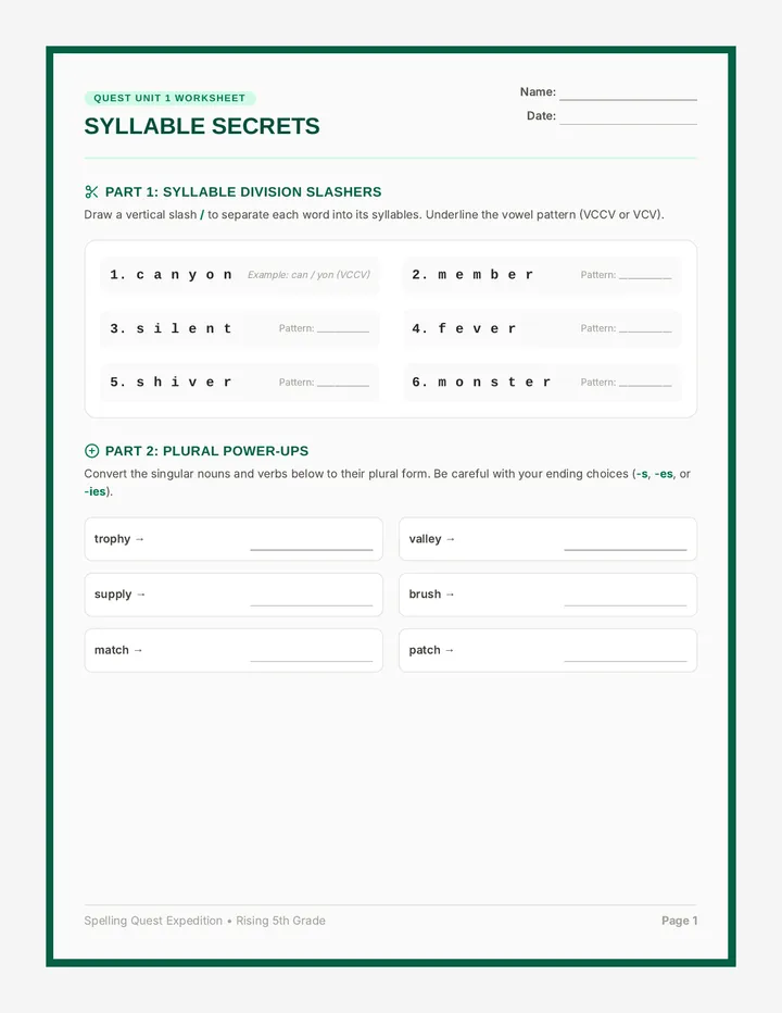 Syllable Secrets Worksheet