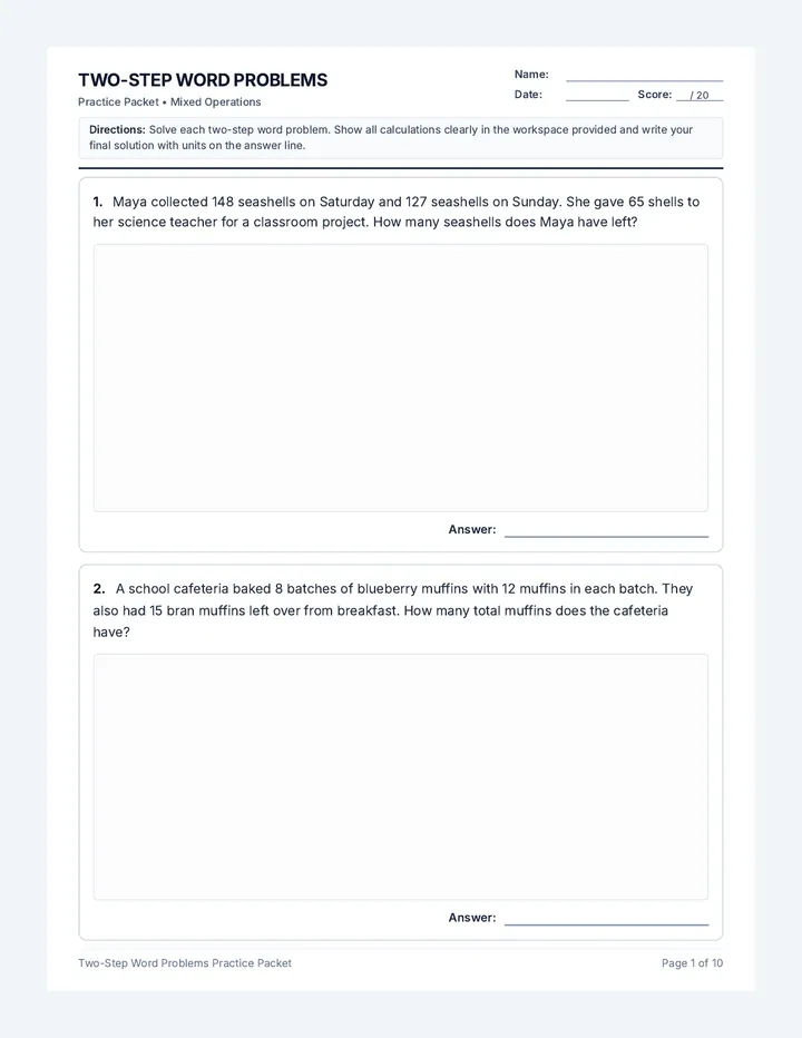 Two Step Operations Practice Packet