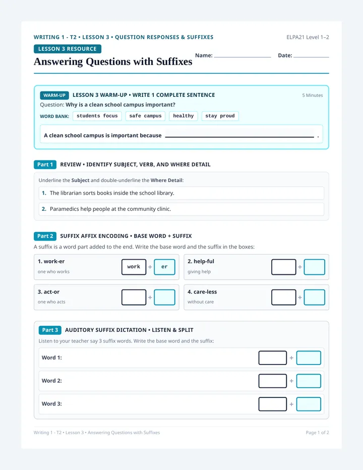 Question Responses Activity Sheet