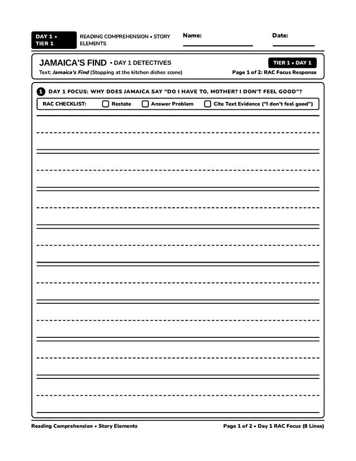 Jamaica Day 1 Tier 1 Worksheet