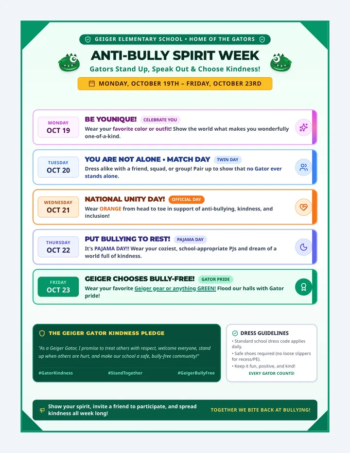 Gator Kindness Spirit Week Flyer