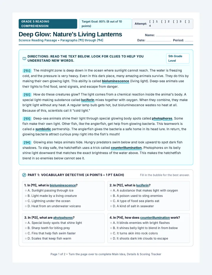 Deep Glow Comprehension Worksheet