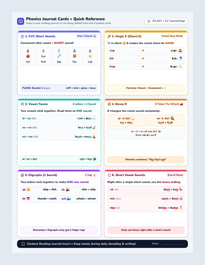 Phonics Journal Cards Reference