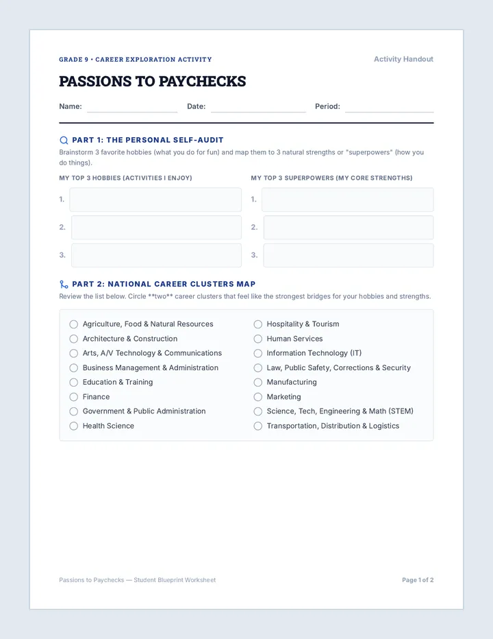 Passions to Paychecks Worksheet