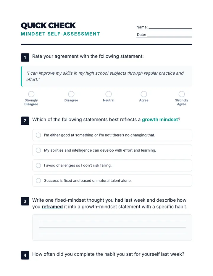 Mindset Self-Assessment Quick Check Quiz