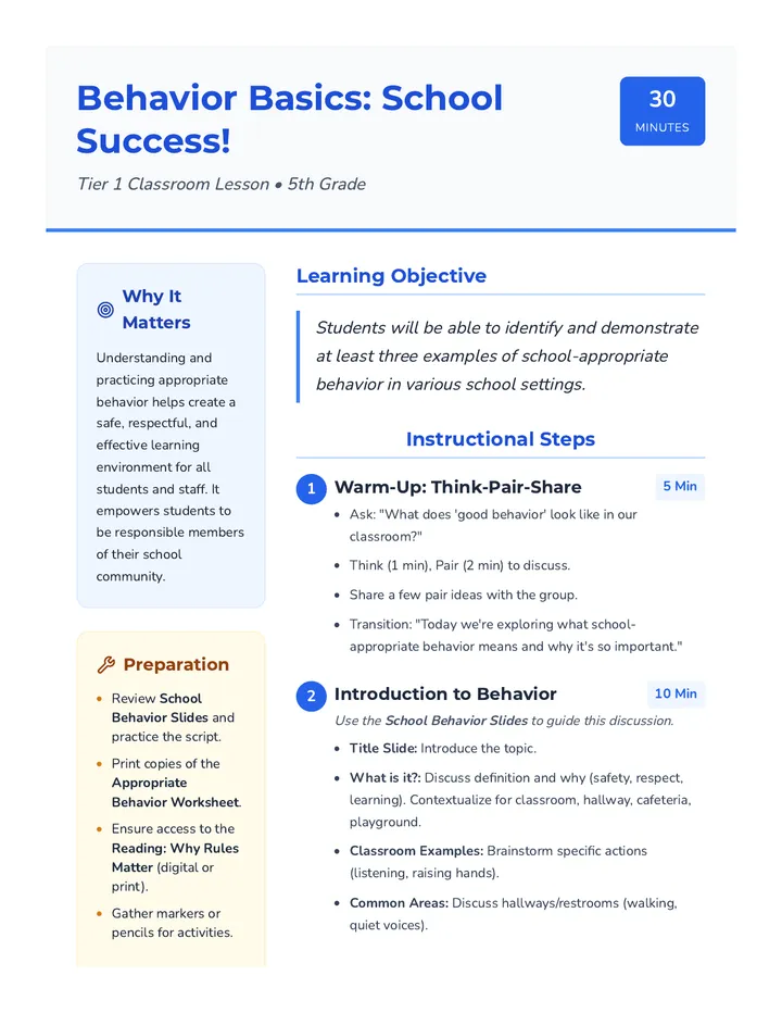 Behavior Basics Lesson Plan