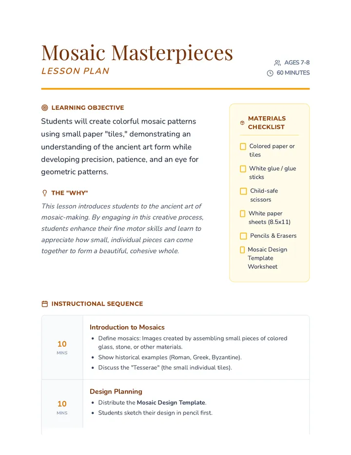 Mosaic Masterpieces Lesson Plan