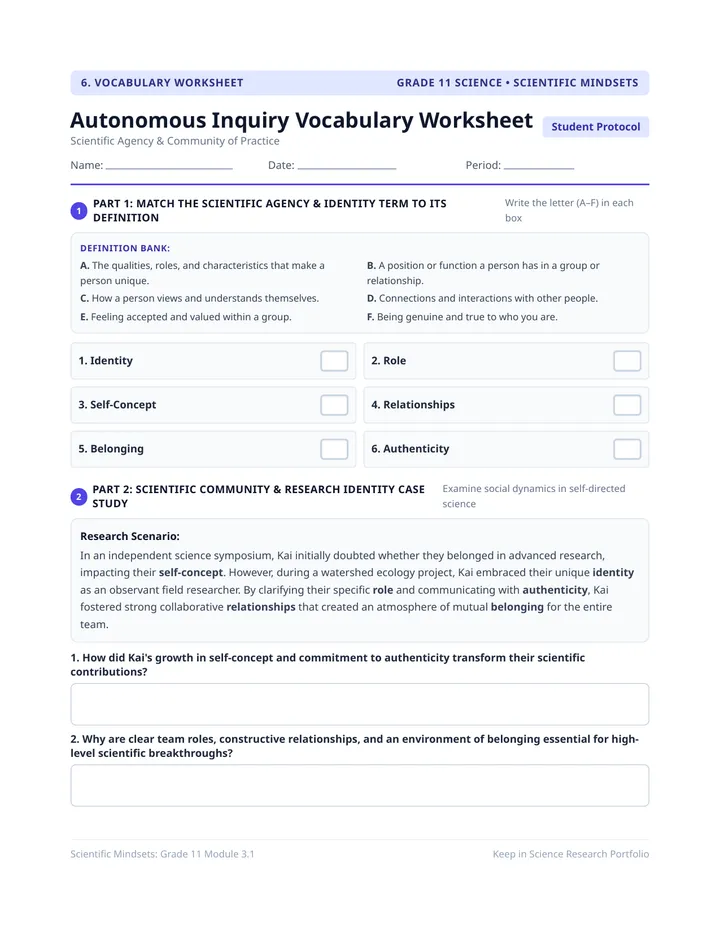 Autonomous Inquiry Vocabulary Worksheet