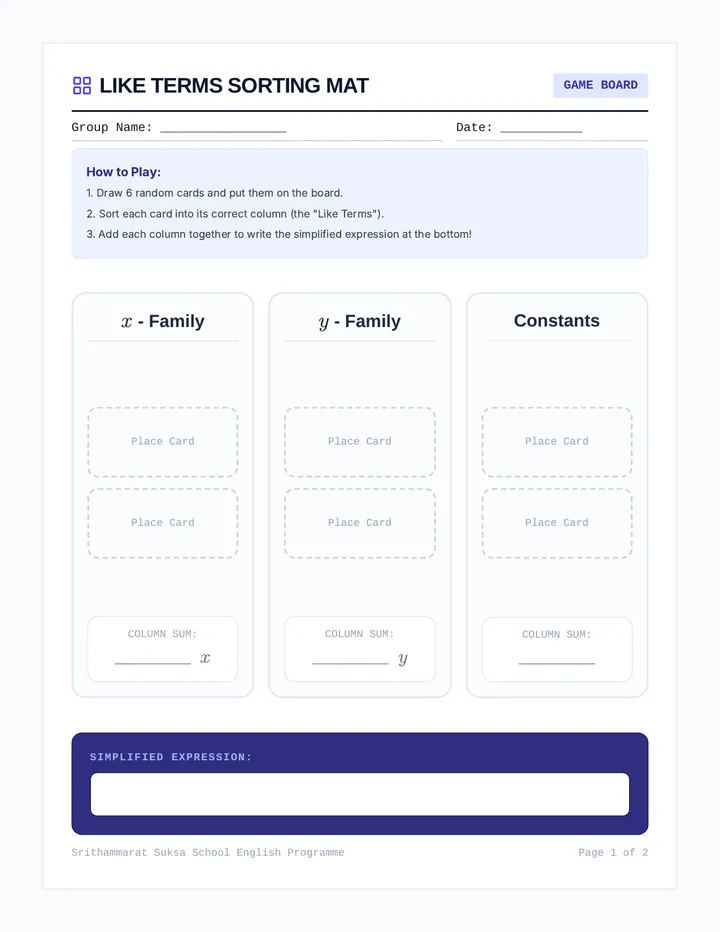 Like Terms Sorting Cards