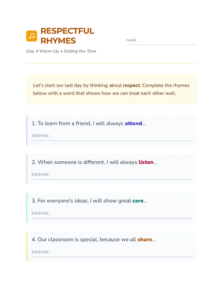 Day 4 Warm Up Respectful Rhymes