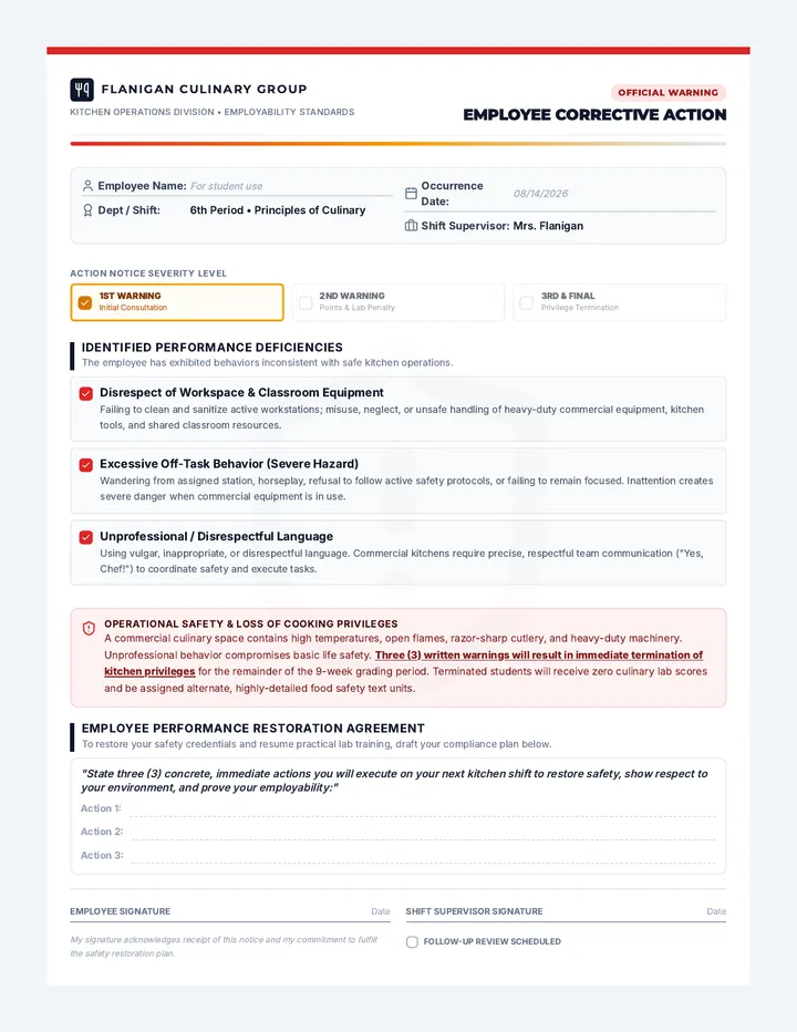 Culinary Corrective Action Form