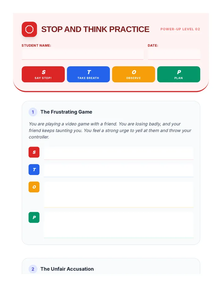 Stop and Think Practice Scenarios Worksheet