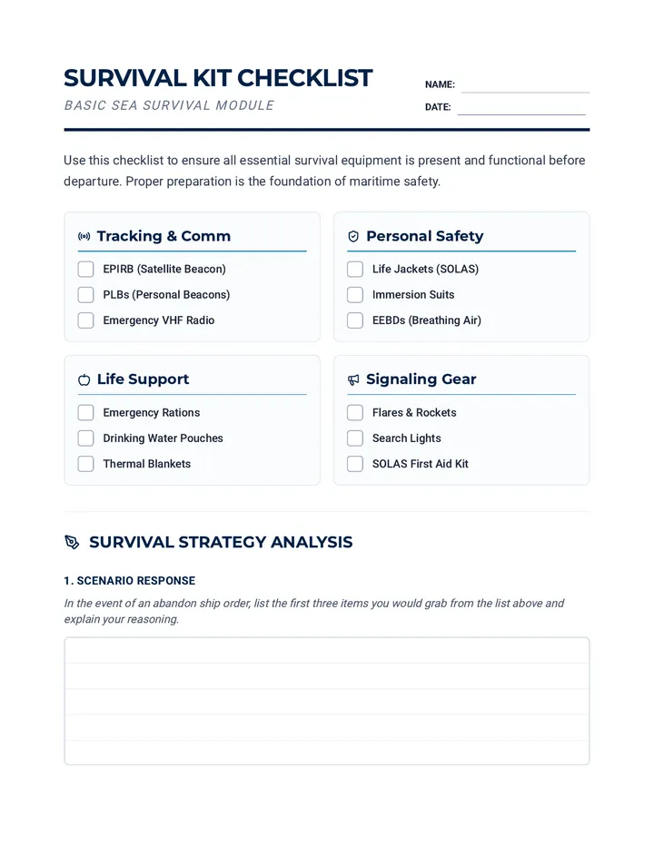 Sea Survival Checklist Worksheet