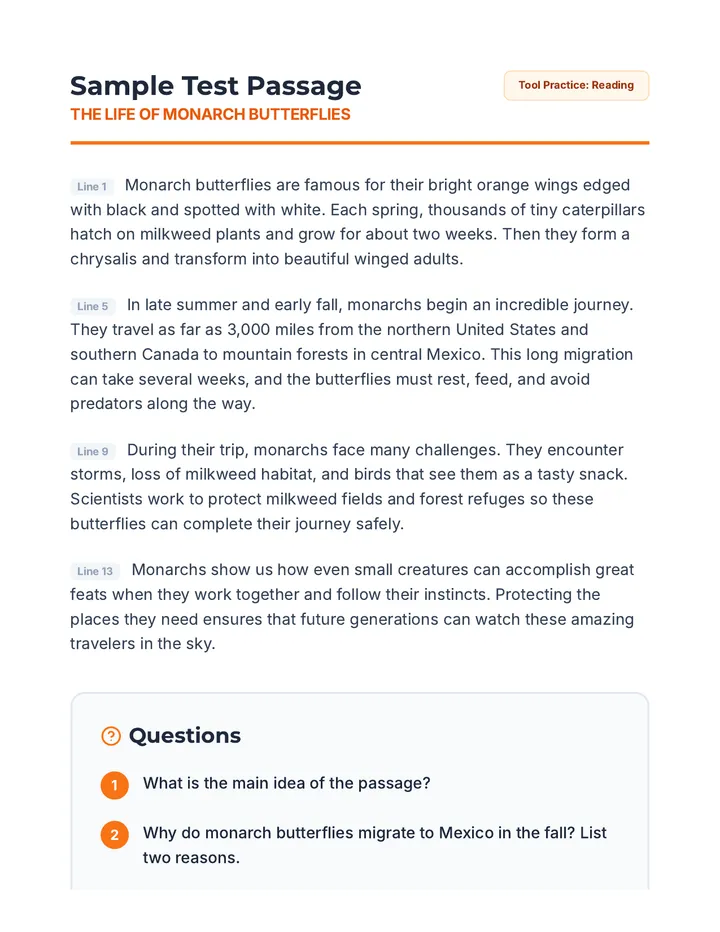 Monarch Reading Passage